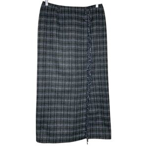 Vintage Plaid Pencil Skirt Gray Wool Blend Sz 11/12 Waist 30 Fringed Front Slit
